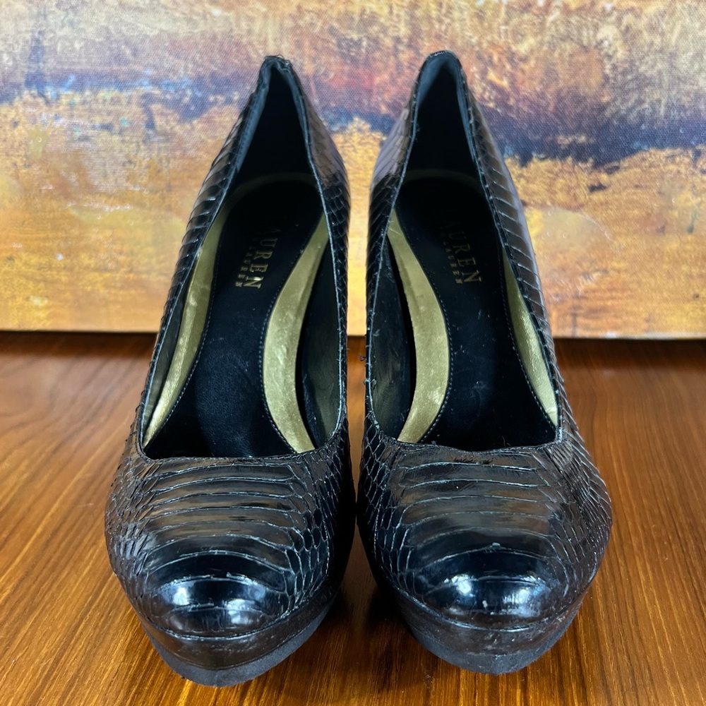 Lauren Ralph Lauren Kailee Black Snakeskin Platform Size 8 Good Condition